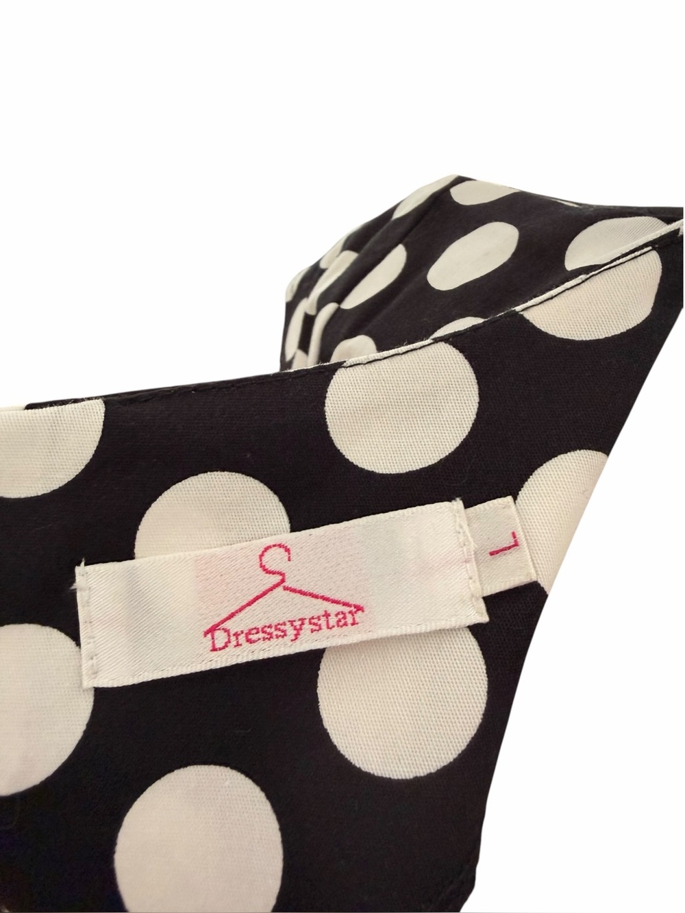 Large Polka Dot Tie-Waist Fit and Flare Dress Black White Cap Sleeves Cotton - Picture 6 of 7